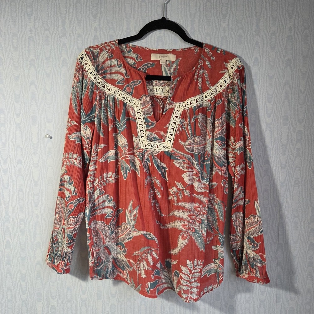 Ann‎ Taylor Womens XS Loft Floral Tropic Print Pullover Top Cotton Gauze Boho